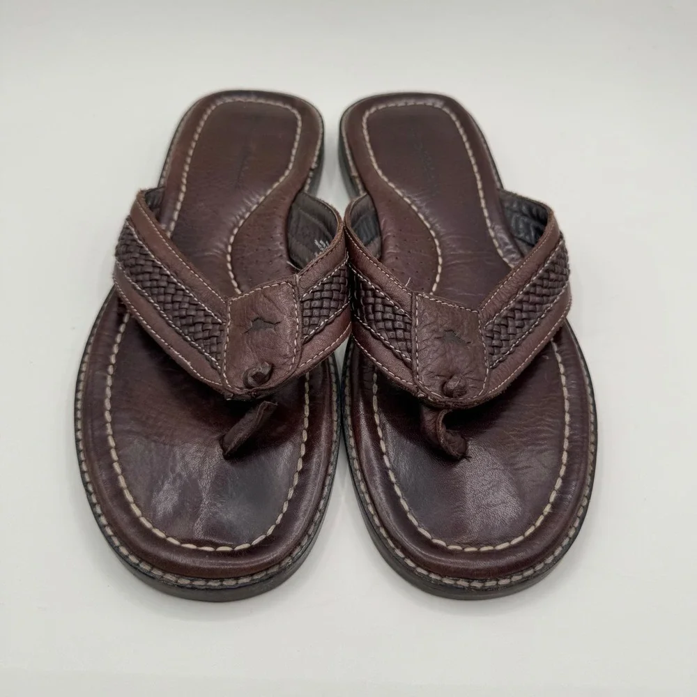 Tommy Bahama Anchors Away Mens Sz 11 D Brown Leather Woven Flip Flop Sandals